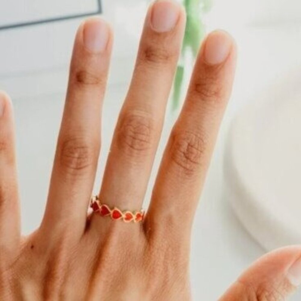 Heart Ring Non-tarnish Gold Ring Stacking Ring Red Hearts size 6,7,8 Adorable